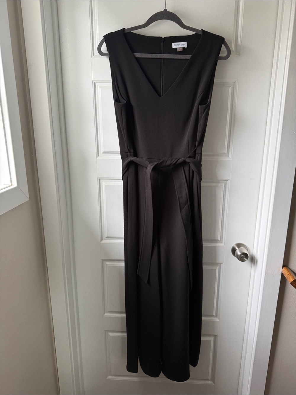 Calvin Klein Black V-Neck Sleeveless Maxi Dress with Waist Tie